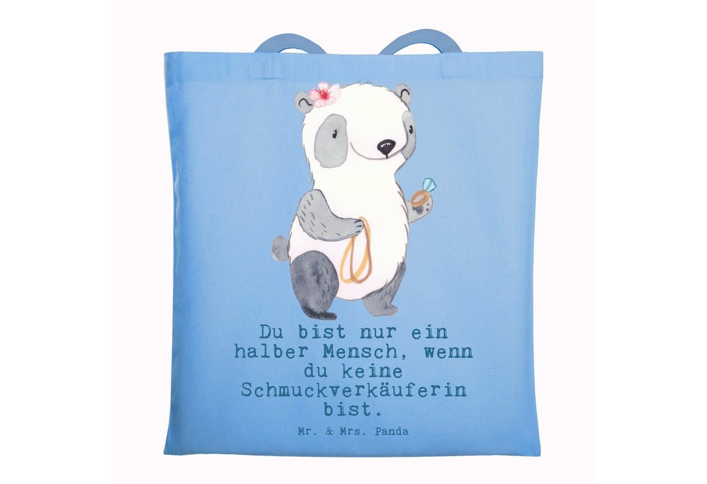 Mr. & Mrs. Panda Tragetasche Schmuckverkäuferin Herz - Sky Blue - Geschenk, Stoffbeutel, Jutebeute (1-tlg), Design-Highlight von Mr. & Mrs. Panda