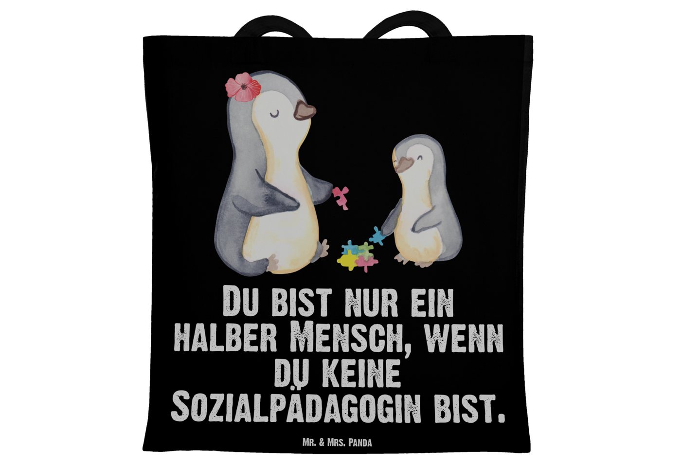 Mr. & Mrs. Panda Tragetasche Sozialpädagogin Herz - Schwarz - Geschenk, Beuteltasche, Abschied, Fi (1-tlg), Modisches Design von Mr. & Mrs. Panda