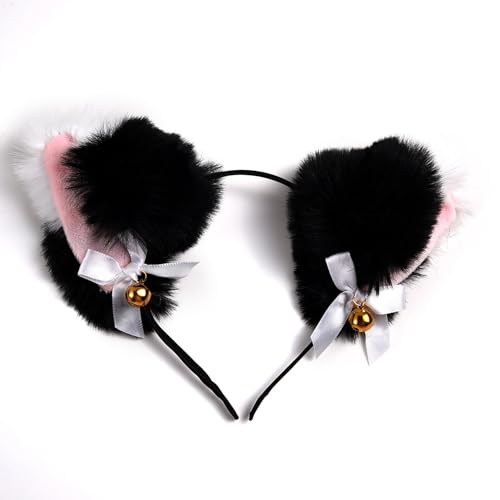 Niedliche Plüsch-Katzenohren, Glockenschleife, Tierohr-Stirnband-Kollektion: mehrfarbig, optionales Katzen- und Fuchsohren-Haarschmuck (schwarz + weiß) von Mr.Fashion
