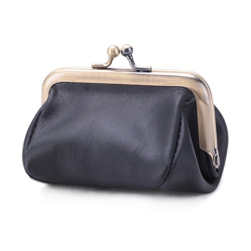 Vintage Stil Leder Damen Mund Gold Tasche: stilvolle tragbare einfache Geldbörse, High-End-Mini-Deko-Tasche, Schwarz, Retro-Stil von Mr.Fashion
