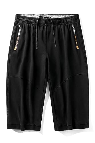 Mr.Stream Baumwolle 3/4 Kurze Hosen Herren Shorts Sommer Sporthose kurz Laufhose Dreiviertel Trainingshose mit Reißverschlusstaschen 887 Black S von Mr.Stream