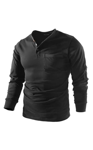 Mr.Stream Herren Henley Shirt Longsleeve Langarmshirt Männer DREI Taste Knopfleiste Baumwolle Beiläufig Hemden Heavyweight T-Shirt mit Grandad-Ausschnitt 888 Black M von Mr.Stream