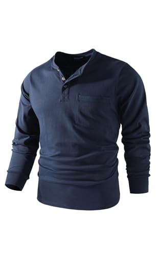 Mr.Stream Herren Henley Shirt Longsleeve Langarmshirt Männer DREI Taste Knopfleiste Baumwolle Beiläufig Hemden Heavyweight T-Shirt mit Grandad-Ausschnitt 888 Blue 2XL von Mr.Stream