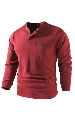 Mr.Stream Herren Henley Shirt Longsleeve Langarmshirt Männer DREI Taste Knopfleiste Baumwolle Beiläufig Hemden Heavyweight T-Shirt mit Grandad-Ausschnitt 888 Burgundy 2XL von Mr.Stream