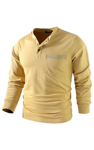 Mr.Stream Herren Henley Shirt Longsleeve Langarmshirt Männer DREI Taste Knopfleiste Baumwolle Beiläufig Hemden Heavyweight T-Shirt mit Grandad-Ausschnitt 888 Yellow 2XL von Mr.Stream