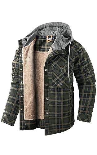 Mr.Stream Herren Kapuzenmantel Casual Dicke Langarm Plaid Arbeit Flanell Button Down Shirt Jacke, Grün , XL von Mr.Stream