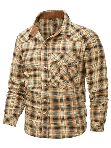 Mr.Stream Herren Kariert Flanellhemd Langarm Western Cowboy Vintage Pearl Druckknöpfe Arbeitshemd Freizeithemden Mit Brusttasche 3266 khaki L von Mr.Stream