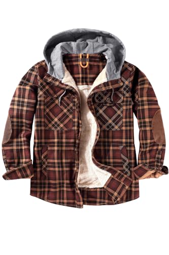 Mr.Stream Herren Kariert Hemdjacke Übergangsjacke Langarm Freizeithemden Innenfutter Check Flanellhemd Kapuze Männer Jacken 3252 Coffee 2XL von Mr.Stream