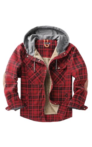 Mr.Stream Herren Kariert Hemdjacke Übergangsjacke Langarm Freizeithemden Innenfutter Check Flanellhemd Kapuze Männer Jacken 3252 Red 2XL von Mr.Stream