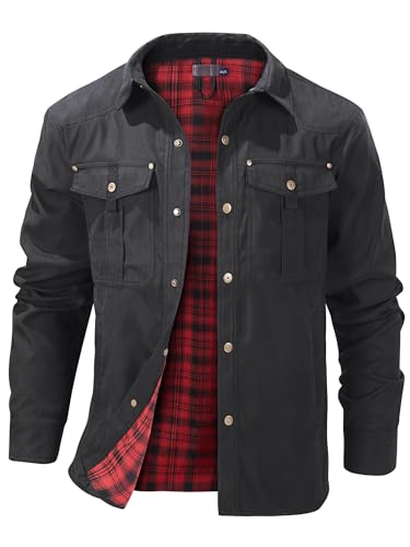 Mr.Stream Herren Karierte Flanellfutter Jacke Hemdjacke Übergangsjacke Leicht Stehkragen Feldjacke Cargo Herbstjacke Snap Western Cowboy Jacken 3268 Black M von Mr.Stream