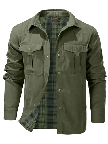 Mr.Stream Herren Karierte Flanellfutter Hemdjacke Übergangsjacke Leicht Stehkragen Feldjacke Cargo Herbstjacke Snap Western Cowboy Jacken 3268 Green L von Mr.Stream