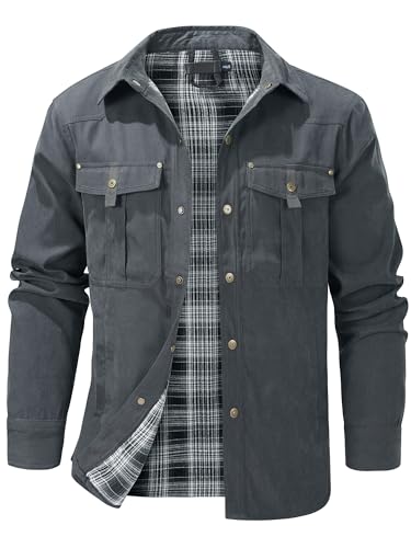 Mr.Stream Herren Karierte Flanellfutter Jacke Hemdjacke Übergangsjacke Leicht Stehkragen Feldjacke Cargo Herbstjacke Snap Western Cowboy Jacken 3268 Grey 2XL von Mr.Stream