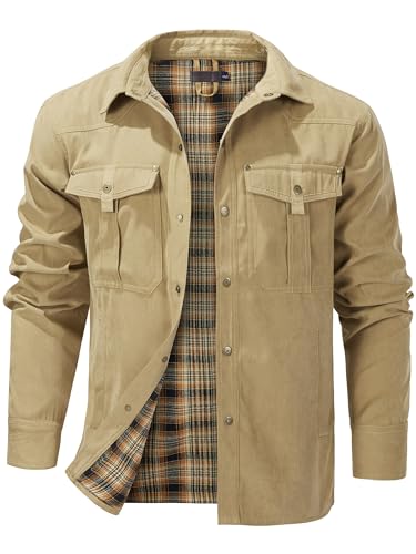 Mr.Stream Herren Karierte Flanellfutter Hemdjacke Übergangsjacke Leicht Stehkragen Feldjacke Cargo Herbstjacke Snap Western Cowboy Jacken 3268 khaki S von Mr.Stream