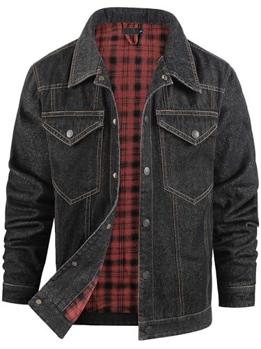 Mr.Stream Jeansjacke Herren Western Sommerjacke Cowboy Übergangsjacke Karierte Flanellfutter Denim Trucker Jacken mit Druckknopf 3270 Black XL von Mr.Stream