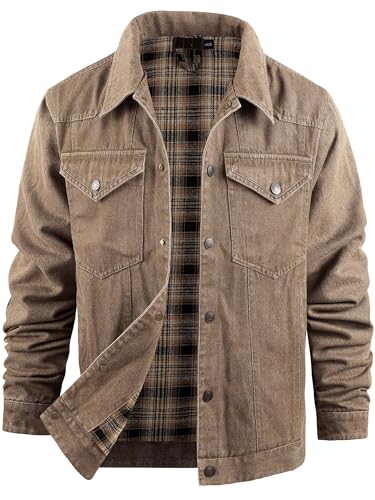 Mr.Stream Jeansjacke Herren Western Sommerjacke Cowboy Übergangsjacke Karierte Flanellfutter Denim Trucker Jacken mit Druckknopf 3270 Brown XL von Mr.Stream