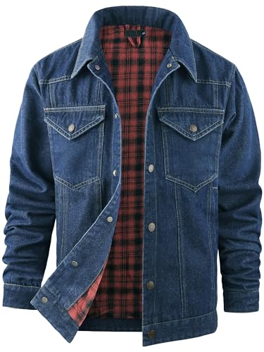 Mr.Stream Jeansjacke Herren Western Sommerjacke Cowboy Übergangsjacke Karierte Flanellfutter Denim Trucker Jacken mit Druckknopf 3270 Dark Blue L von Mr.Stream