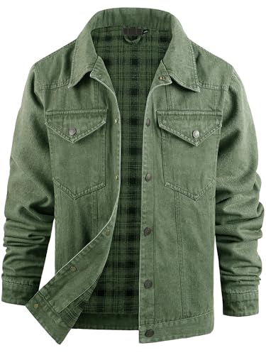 Mr.Stream Jeansjacke Herren Western Sommerjacke Cowboy Übergangsjacke Karierte Flanellfutter Denim Trucker Jacken mit Druckknopf 3270 Green 2XL von Mr.Stream