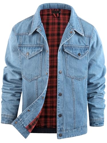 Mr.Stream Jeansjacke Herren Western Sommerjacke Cowboy Übergangsjacke Karierte Flanellfutter Denim Trucker Jacken mit Druckknopf 3270 Light Blue XL von Mr.Stream