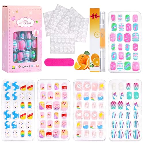 120 Stück Kinder Nägel - Mädchen Aufdrücken Nägel Vollabdeckung Kurze Kindernägel Künstliche Nagelspitzen für Kinder Falsche Fingernägel Kindliche Nagelkunst Dekoration, mit Nagelöl Stift (BuntB, 120) von MrCuvaryas