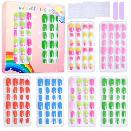 144 Stück Kinder Kurze Glänzende Press on Nails, Knallbunte Falsche Nägel für Kinder mit Nagelkleber - 6 Styles Acryl Nägel Kunst Tip für Quadratische Vollabdeckung gefälschte Nägel für DIY (BuntB) von MrCuvaryas
