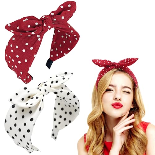 2 Stück Breiter Haarreif Damen mit Polka Dots - French Stirnband Kaninchen Ohren Haar Bands Stoff rutschfest Kopfbedeckungen elastische Twist Haarreifen Zubehör für Frauen Mädchen (Rot Weiß) von MrCuvaryas