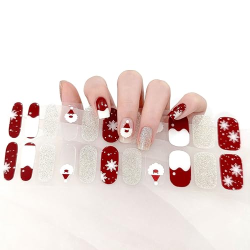 22Stk Nagellack Aufkleber, UV Gel Nagelfolie in Rot Mit Glitzer Weihnachtsmann-Design, Weihnachts-Nagelaufkleber LED-Lampe Erforderlich, Full Wraps Cured Nail Strips Mit Nagelfeile (Rot, 22x) von MrCuvaryas