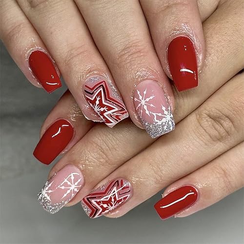 24 Stück Weihnachten Nägel Zum Aufkleben Kurz – Rote Weihnachtssterne mit Glitzer, Christmas Falsche Nails Full Cover Kunstnägel mit Nagelkleber, Kunstnägel Press On Nails für Frauen (Roter Stern) von MrCuvaryas