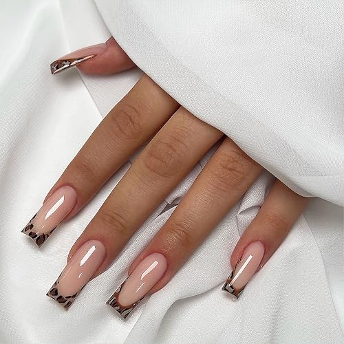 24 Stück Eckig Press on Nails - Braune Leopard Print Fake Nails, Coffin Stiletto, Vollabdeckung Kunstnägel mit Nagelkleber, Square Acryl Künstliche Fingernägel für Frauen Nail Art DIY (Braun Katze) von MrCuvaryas