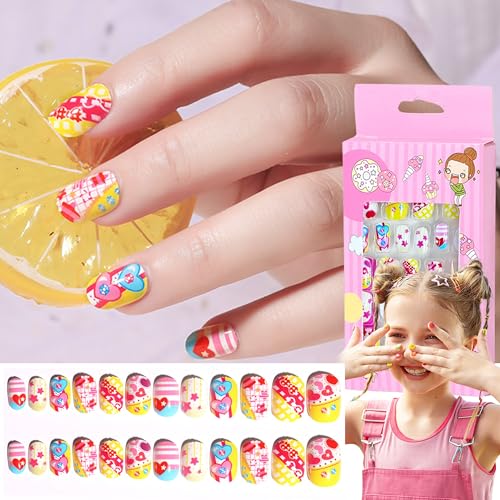 24 Stück Press On Nails Set - Nägel Zum Aufkleben Kurz für Kinder, Selbstklebende Künstliche Fingernägel Set Falsche Kunstnägel für Mädchen Kleinen Händen Damen, Children's Fake Nails (Bunt A) von MrCuvaryas
