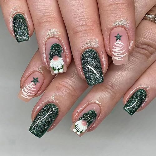 24 Stück Weihnachten Falsche Nägel Kurz – Grüne Schneemann Design, Christmas Falsche Nails Full Cover Kunstnägel mit Nagelkleber, Mittellange Square Natural Acryl Künstliche Fingernägel (Grün) von MrCuvaryas