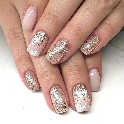24 Stück Weihnachten Falsche Nägel Kurz – Rosa Goldene Schneeflocken Design, Christmas Falsche Nails Full Cover Kunstnägel mit Nagelkleber, Acryl Künstliche Fingernägel für Frauen DIY (Rosa) von MrCuvaryas