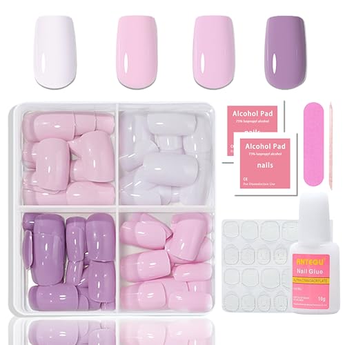 96PCS Press on Nails Kurz - Französisch Falsche Nägel Zum Aufkleben Square - Falsche Nägel Tips Set Nail Art Manicure Fake Nails, Natürliches & angenehmes Tragegefühl für Frauen Fingernägel (Rosa) von MrCuvaryas