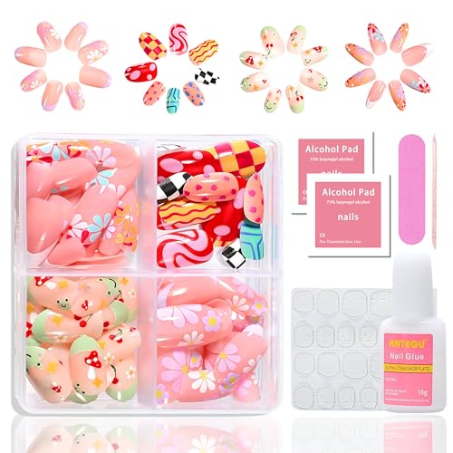 96PCS Press on Nails Mandel - Französisch Falsche Nägel Zum Aufkleben mit Blumen - Falsche Nägel Tips Set Nail Art Manicure Fake Nails, Natürliches & angenehmes Tragegefühl für Frauen (Farbe, Mittel) von MrCuvaryas