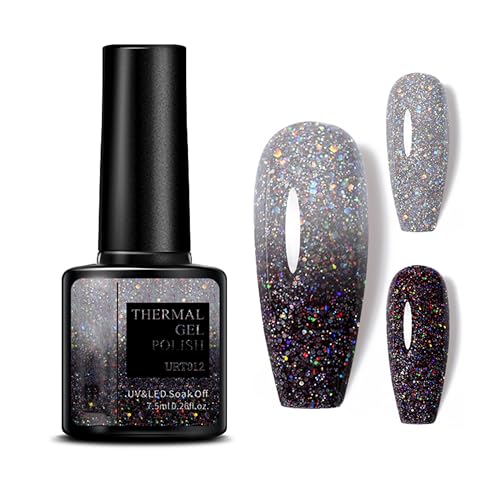 Farbwechsel UV Gel Nagellack - 7.5ml Temperaturänderung mit Glitzer Effekt, Schwarzes Temperatur Farbwechsel Nagellack Soak Off UV LED Nail Art Nail Polish for Women Nail Art Home (Black) von MrCuvaryas