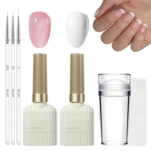 French Manicure Gel Set - Jelly Nude & Weiß UV Gel Nagellack Set mit 3 Nailart Pinseln & Nagelstempel, Soak Off UV Gellack UV für Klassischer Französische Nails Stempel & Home DIY Nail Art (Nude, ML) von MrCuvaryas