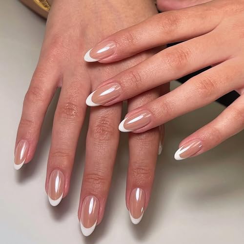 30 Stück Weiß Rosa French Tipp Press on Nails Lang Mandel Gefälschte Nägel Chrom False Nails Glänzend Vollabdeckung Falsche Nägel, Acryl Künstliche Fingernägel für Frauen Maniküre (Weiße Mandel) von MrCuvaryas