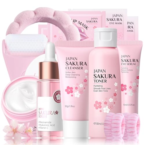Kirschblüten Skin Care Set Teenager Mädchen Geschenke - Sakura Skincare Set - Anti-Aging Gesichtspflege Set - Hydrierend Beauty Geschenkset Frauen - Mit Gesichtsroller,Toner,Serum,Creme von MrCuvaryas