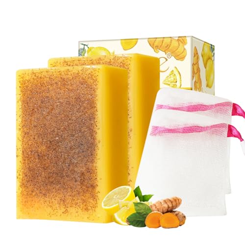 Kurkuma Seife - Kojic Acid Soap - Lemon Turmeric Soap - 2 Stück Kernseife Natur für Gesicht und Körper - Curcuma Seife Stück - Aufhellend & Antioxidativ Naturseife Frauen - Mit Praktische Seifenbeutel von MrCuvaryas