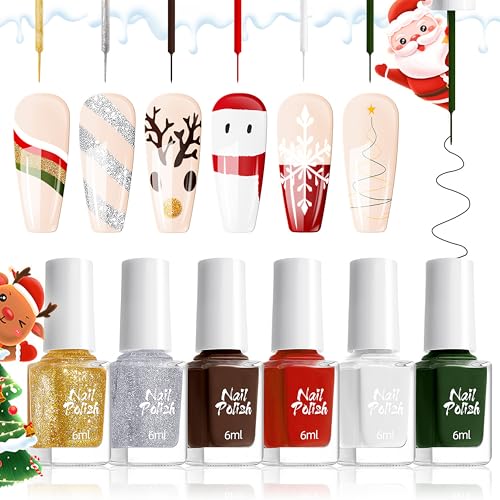 Liner Gel Nagellack Set - 6 Farben Rot Grün mit Glitzer für Nageldesign, Schnell Trocknend, Kein UV/LED Licht Erforderlich, Dünner Pinsel für Frauen French Tips Weihnachtliche Nail Art, 6ml (Bunt A) von MrCuvaryas