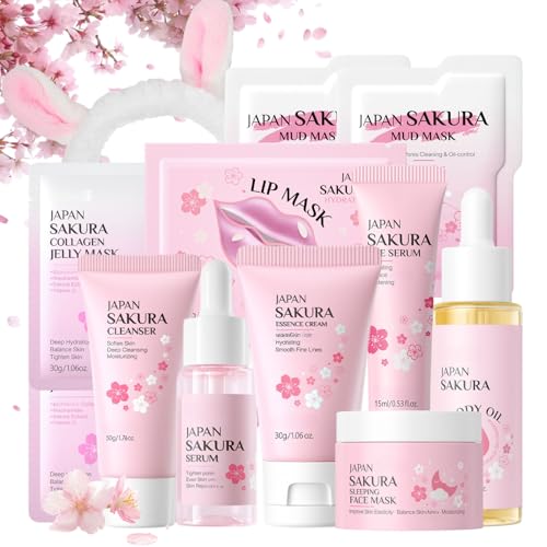 Japan Sakura Skincare Set Teenager Mädchen Geschenke - Skin Care Set - Beauty Set Frauen - Hydrierend Gesichtspflege Set Damen mit Reiniger, Serum, Lippenmaske, Körperöl von MrCuvaryas