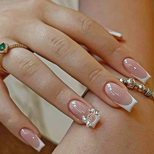 MrCuvaryas 24 Stück Press on Nails - Kurz French Ballett Fake Nägel mit Schmetterlingsdesign - Elegante Künstliche Nägel Vollständige Abdeckung - Fingernägel Fake Nails für Frauen (Weiß Schleifen) von MrCuvaryas