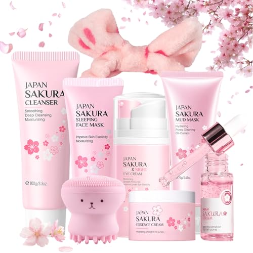 Sakura Skincare Set Teenager Mädchen Geschenke - 8 Stück Skin Care Set - Beauty Set Frauen - Gesichtspflege Set Damen - Feuchtigkeitsspendend Hautpflege Geschenkset mit Reiniger,Serum,Augencreme von MrCuvaryas