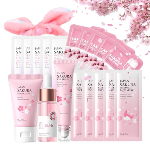 Sakura Skincare Set Teenager Mädchen Geschenke - 19 Stück Skin Care Set - Geschenkset Frauen - Beauty Set Mädchen - Gesichtspflege Set Damen mit Gesichtsmaske & Schlammmaske & Serum von MrCuvaryas