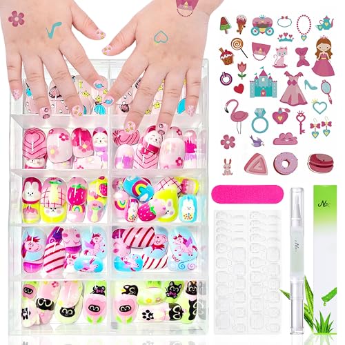 Nagel Tips Set - 120 Stück Nägel Zum Aufkleben für Kinder mit Nagelkleber, Full Cover Selbstklebende Künstliche Fingernägel Set Falsche Kunstnägel für Mädchen Kleinen Händen Damen (Bunt A, 120x) von MrCuvaryas