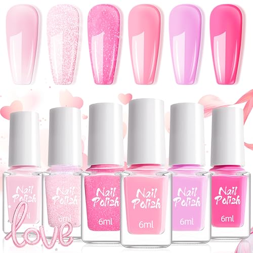6 Farben Nagellack Set - Glitzer, Hellrosa, Fuchsia & Nude Farbe Nail polish, Schnelltrocknender Nagellack mit cremigem Finish, Langanhaltender Chip Resistant, Kein UV/LED-Licht Erforderlich (Rosa) von MrCuvaryas
