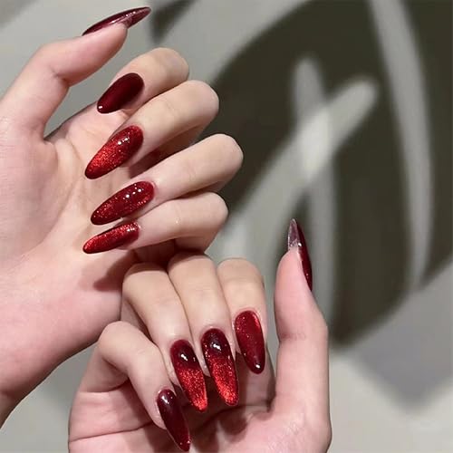 Press on Nails Kurz - Mandel Rote Katzenaugen Fake Nails Full Cover Kunstnägel mit Gelee-Kleber, Falsche Nägel Zum Aufkleben Acryl Künstliche Fingernägel Manicure für Frauen DIY (Rot Mandel, 24x) von MrCuvaryas