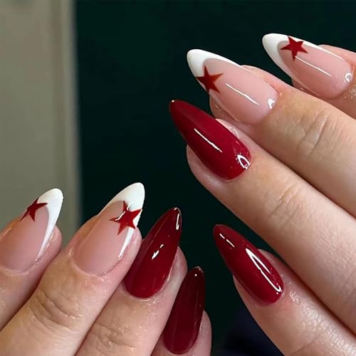 Press on Nails Mandel - Rote French Sterne Selbstklebende Fake Nails Full Cover Kunstnägel mit Gelee-Kleber, Falsche Nägel Zum Aufkleben Acryl Künstliche Fingernägel für Frauen (Rot Sterne, 24x) von MrCuvaryas