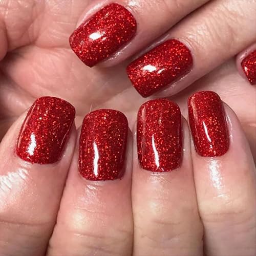 Press on Nails kurz - 24 Stück Rote Glitzer Fake Nails Full Cover mit Nagelkleber, Quadratische Nägel zum Aufkleben Acryl Künstliche Fingernägel für Frauen & Mädchen Weihnachtsdesign (Rot Herz, 24x) von MrCuvaryas