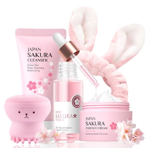Sakura Skin Care Set 5PCS - Japan Sakura Skincare Set - Anti-Aging Gesichtspflege Set - Euchtigkeit Geschenkset Frauen Teenager Mädchen mit Reiniger,Creme,Serum - Teenager Mädchen Geschenke Set von MrCuvaryas