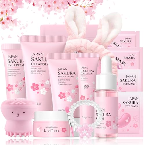 Sakura Skin Care Set Teenager Mädchen Geschenke - Skincare Set Feuchtigkeitsspendend - Geschenkset Frauen - Kirschblüten Gesichtspflege Set - Straffend Beauty Set - Mit Serum,Creme Lippen & Augenmaske von MrCuvaryas